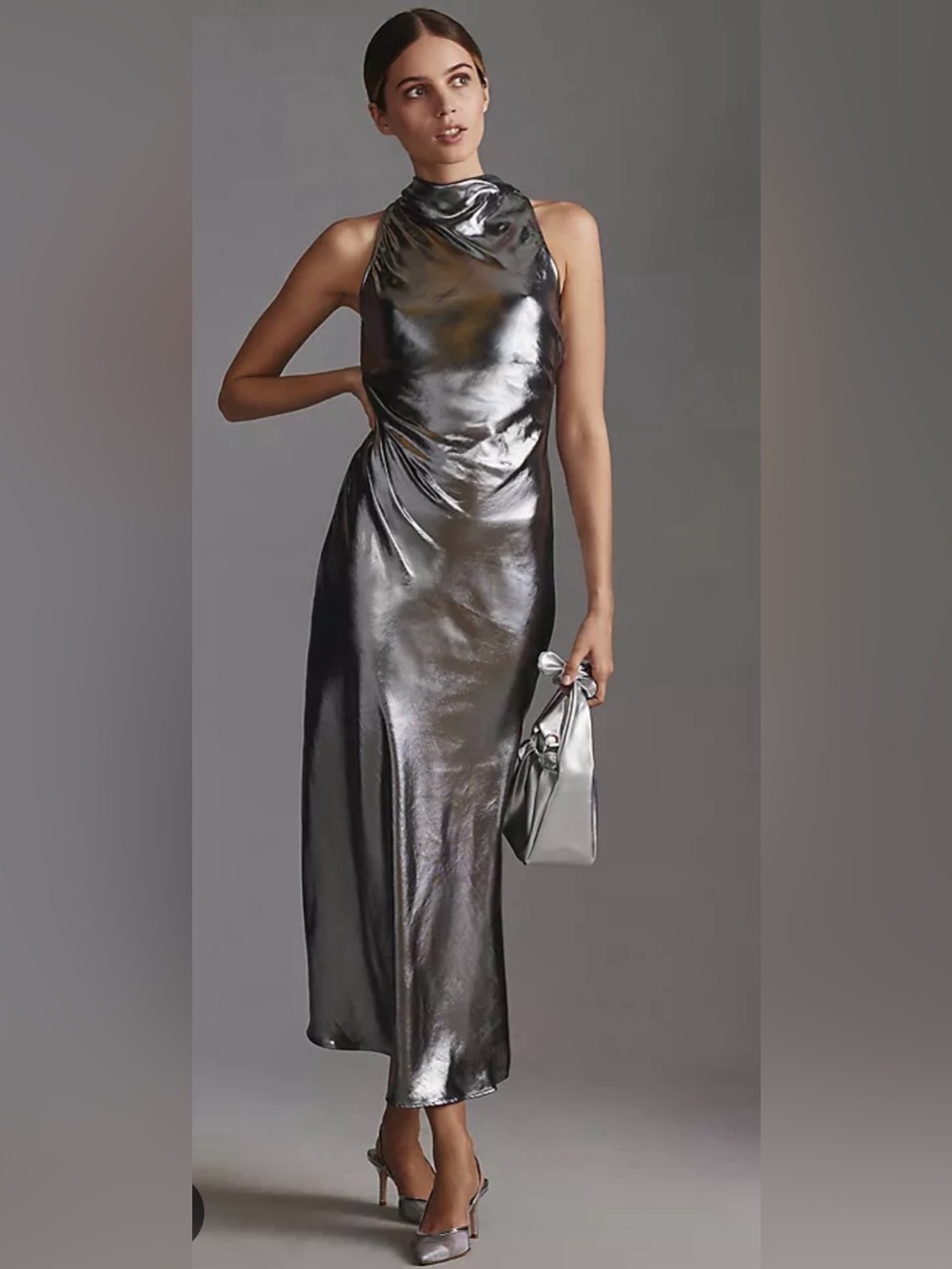 Anthropologie Metallic Silver Midi Dress